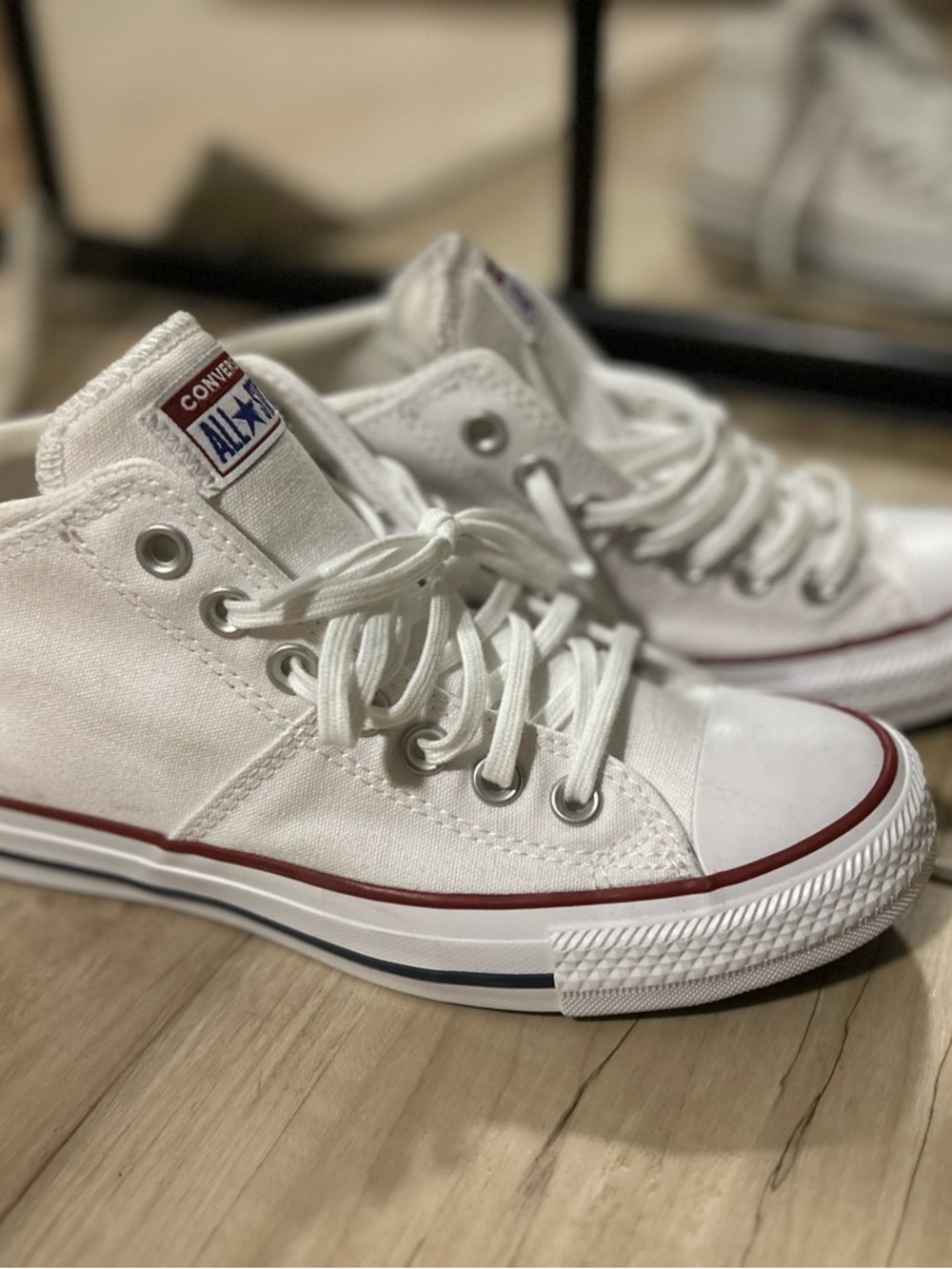 Converse White High Top Sneakers with Red & Blue Trim
